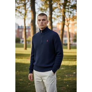 Polo Ralph Lauren Mens Navy Blue Quarter Zip Ribbed Cotton Sweater Logo XL